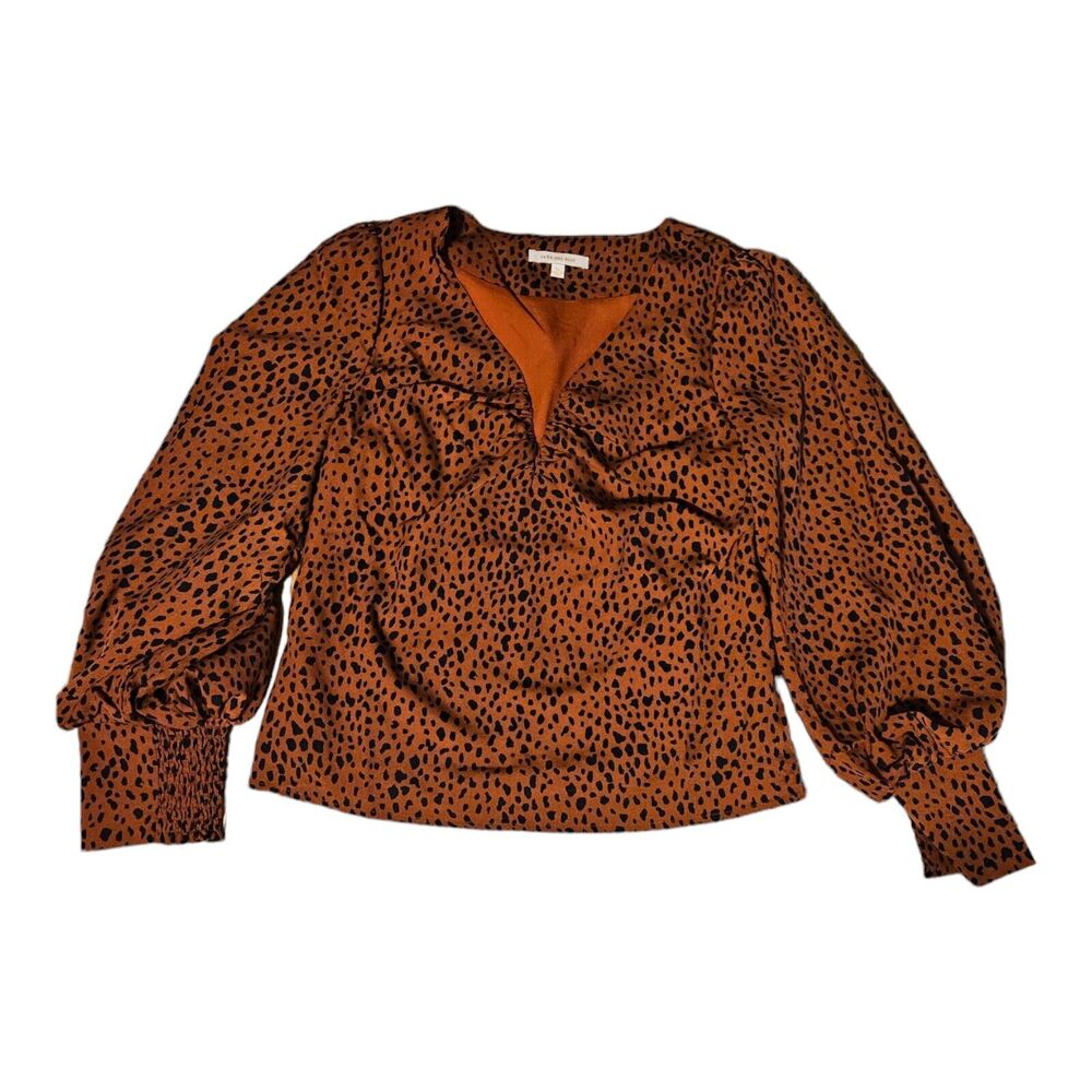 Skies Are Blue XS Rust Leopard Print Long Sleeve Blouse Smocked Cuffs Lined